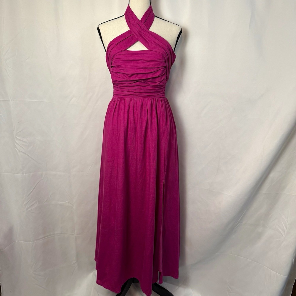 ASTR the Label Fuchsia Linen Blend Halter Ruched Lined Maxi Dress XS